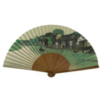 Japanese Paper Folding Fan Sensu Vtg Bamboo Frame Beige Green Town River 5D43