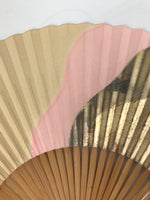 Japanese Paper Folding Fan Sensu Vtg Bamboo Frame Beige Pink Gold Design 4D910