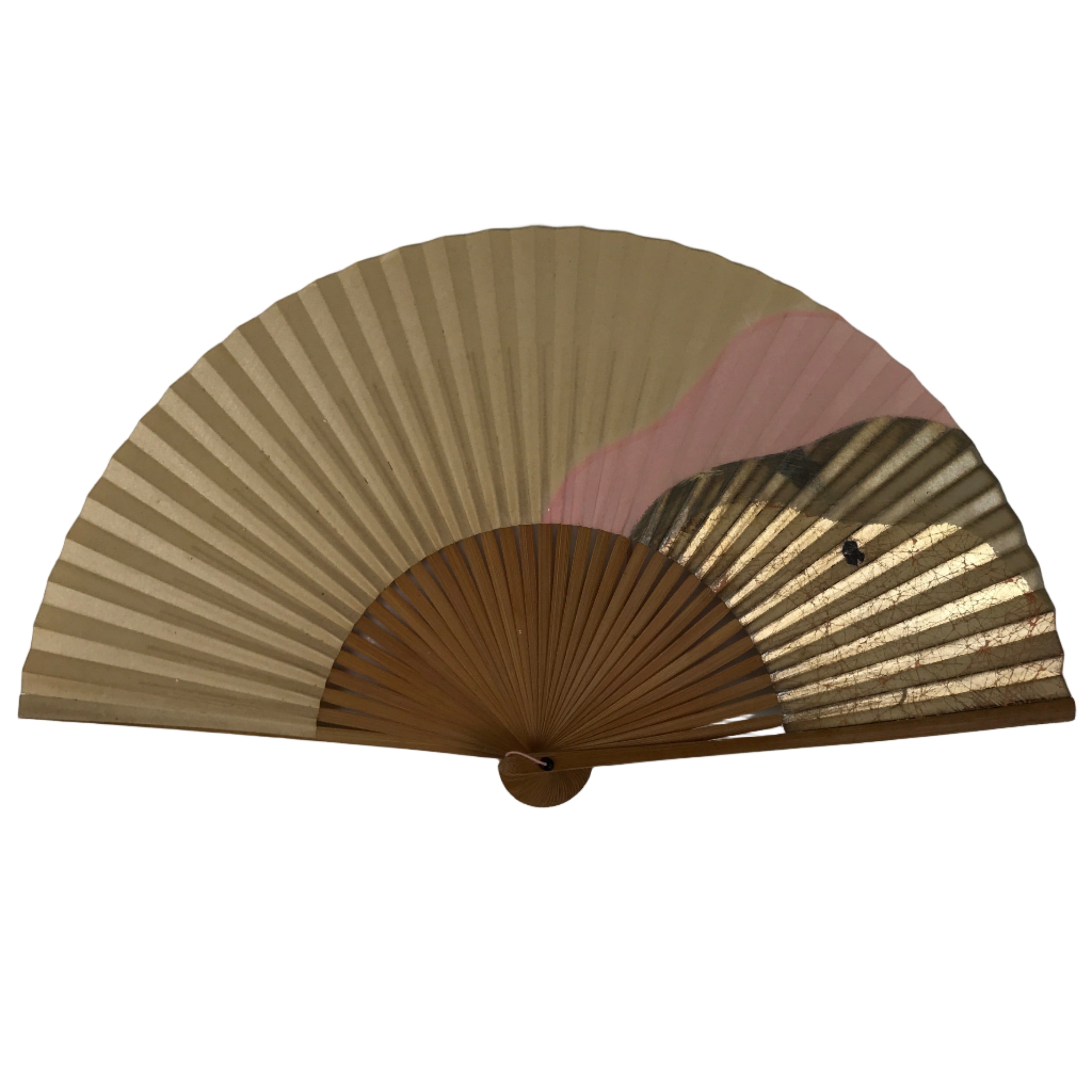 Japanese Paper Folding Fan Sensu Vtg Bamboo Frame Beige Pink Gold Design 4D910