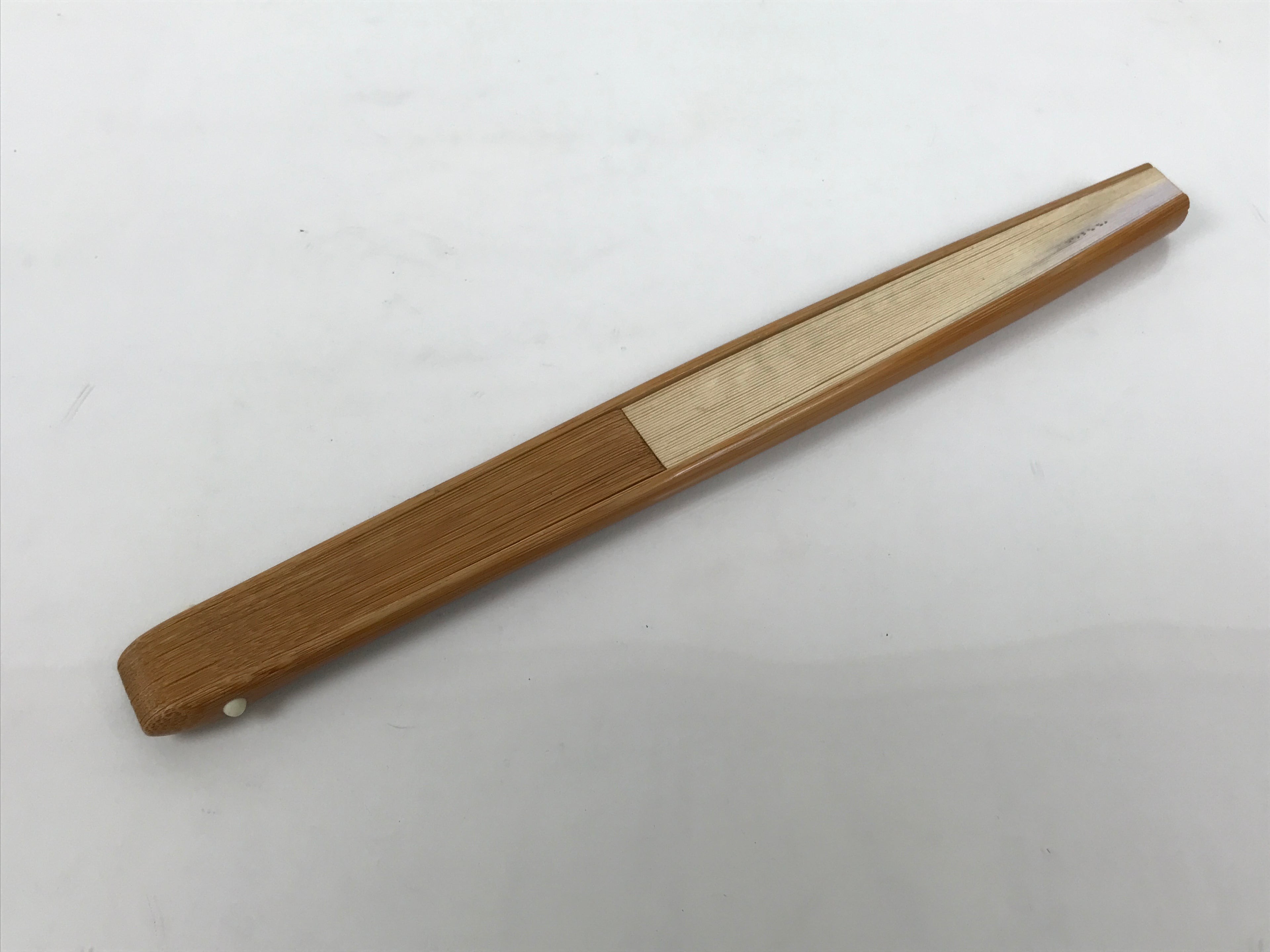 Japanese Paper Folding Fan Sensu Vtg Bamboo Frame Beige Purple Hatch Mark 4D971