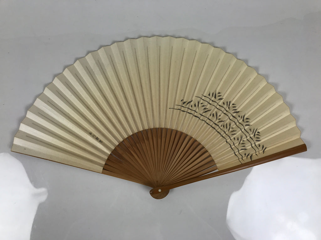 Japanese Paper Folding Fan Sensu Vtg Bamboo Frame Beige Purple Hatch Mark 4D971