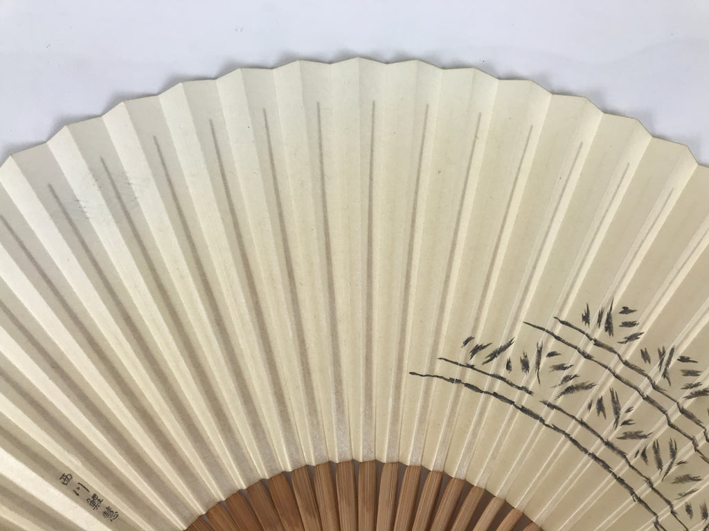 Japanese Paper Folding Fan Sensu Vtg Bamboo Frame Beige Purple Hatch Mark 4D971