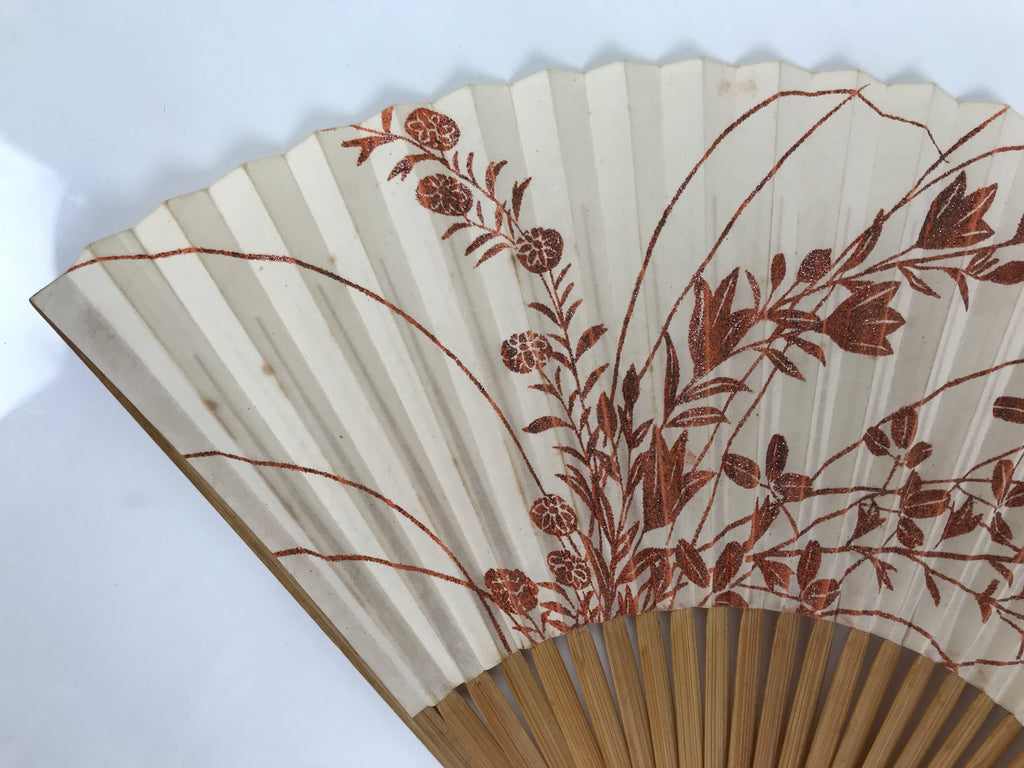 Japanese Paper Folding Fan Sensu Vtg Bamboo Frame Beige Red Sparkle Plants 4D972
