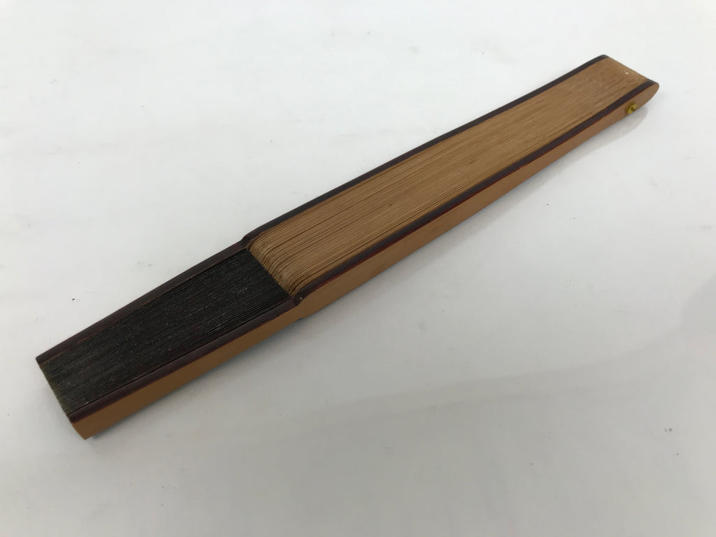 Japanese Paper Folding Fan Sensu Vtg Bamboo Frame Black Silver Brown Wave 5D41