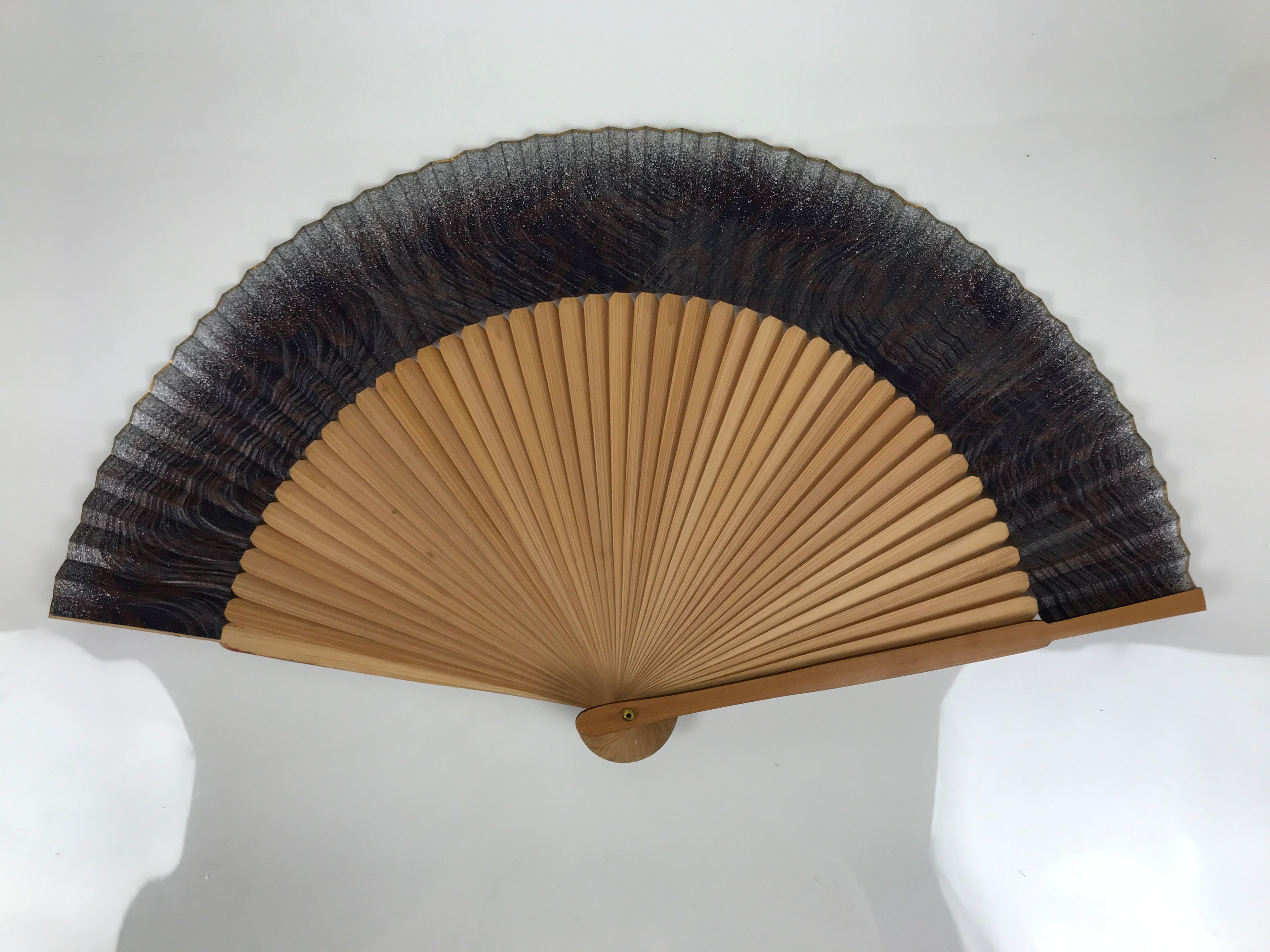Japanese Paper Folding Fan Sensu Vtg Bamboo Frame Black Silver Brown Wave 5D41