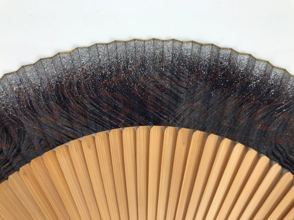 Japanese Paper Folding Fan Sensu Vtg Bamboo Frame Black Silver Brown Wave 5D41