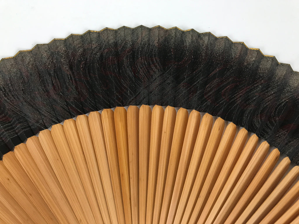 Japanese Paper Folding Fan Sensu Vtg Bamboo Frame Black Silver Brown Wave 5D41