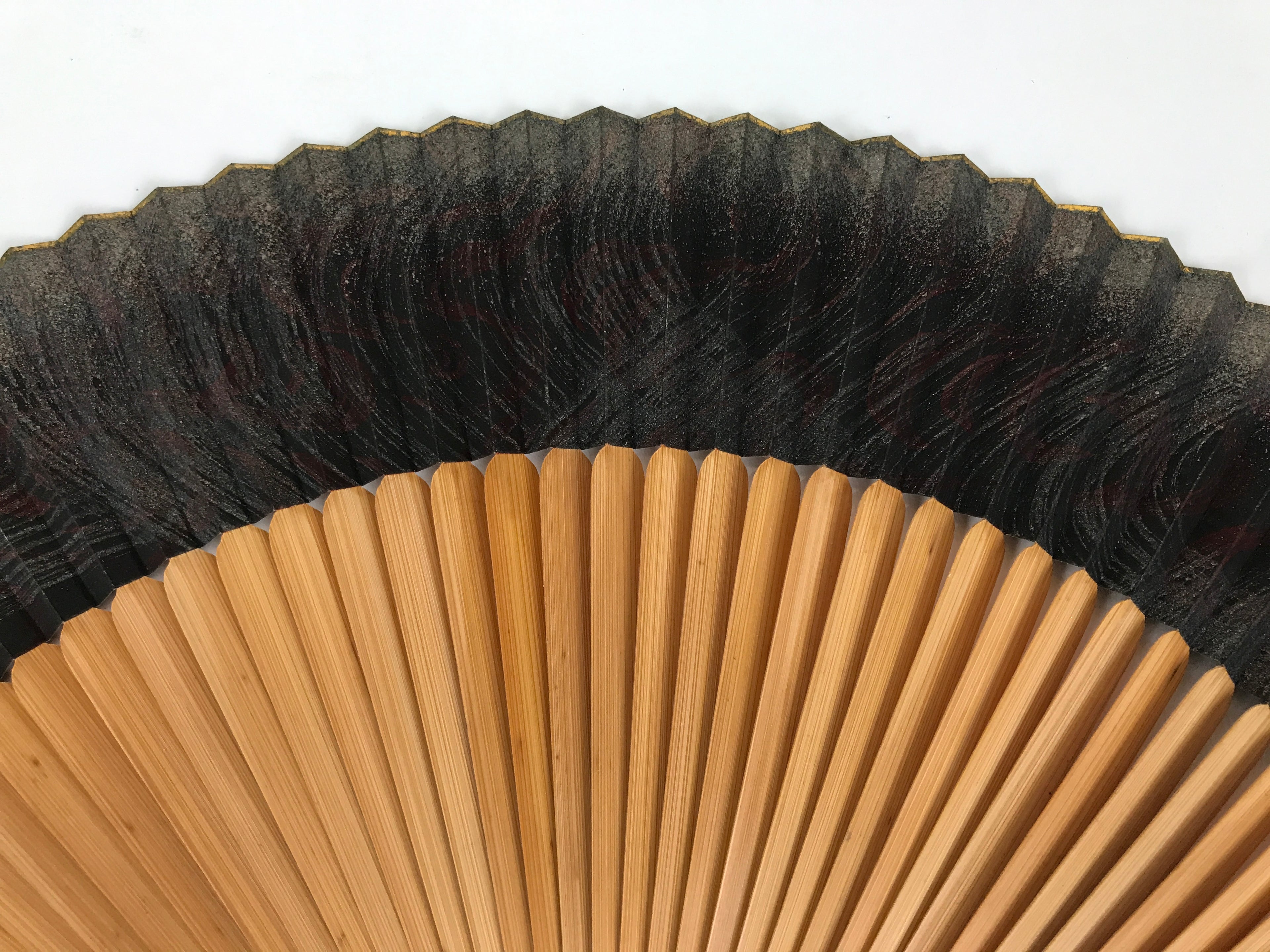 Japanese Paper Folding Fan Sensu Vtg Bamboo Frame Black Silver Brown Wave 5D41