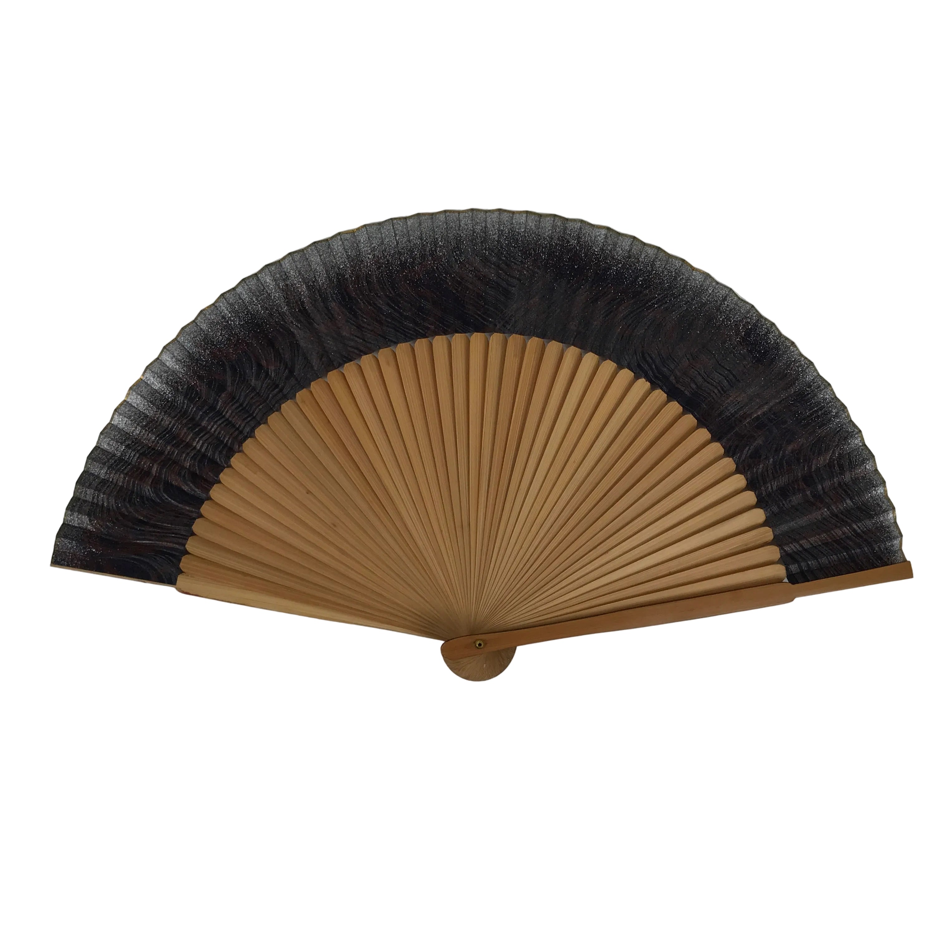 Japanese Paper Folding Fan Sensu Vtg Bamboo Frame Black Silver Brown Wave 5D41