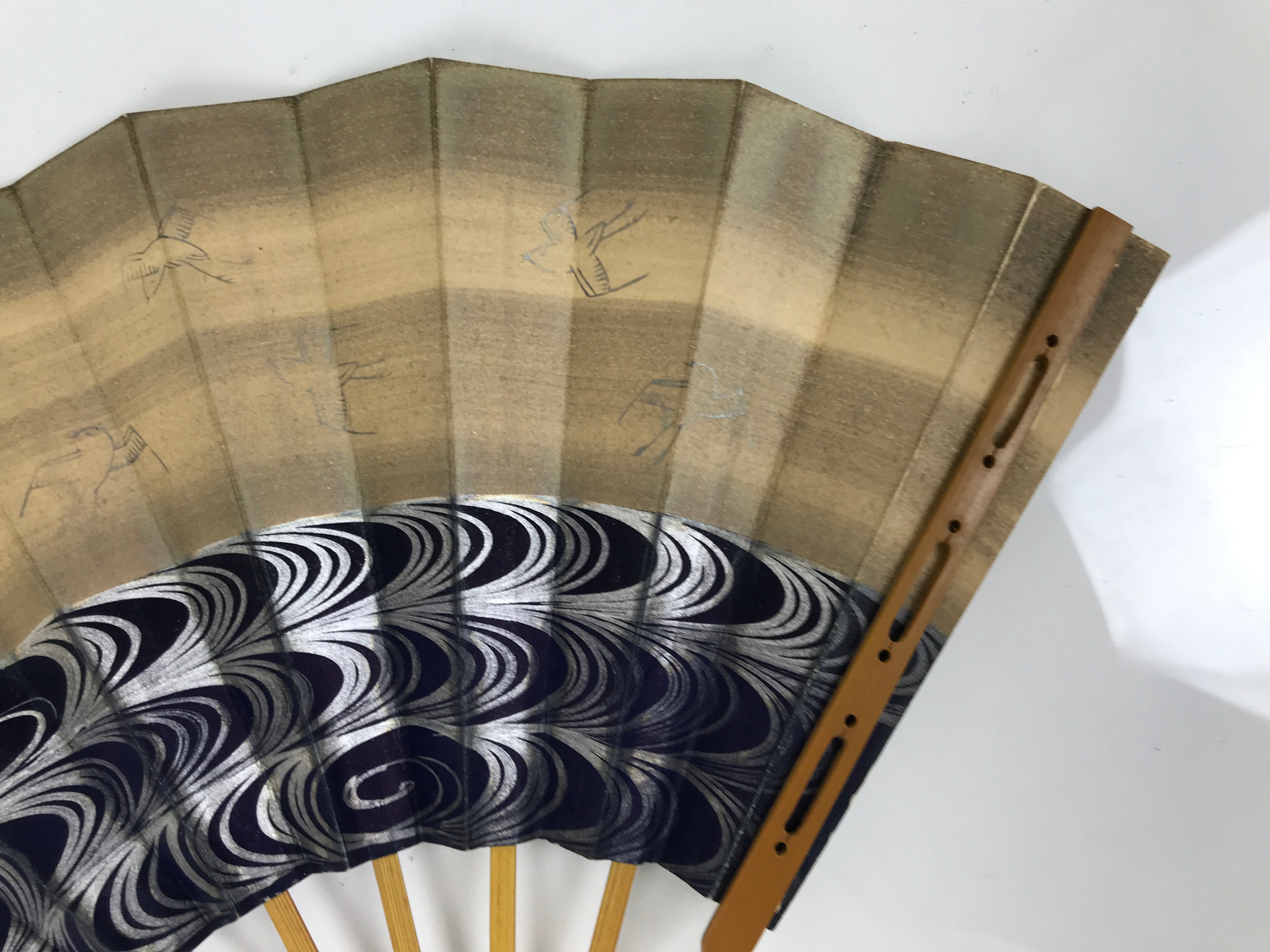 Japanese Paper Folding Fan Sensu Vtg Bamboo Frame Blue Kanzemizu Birds 4D923