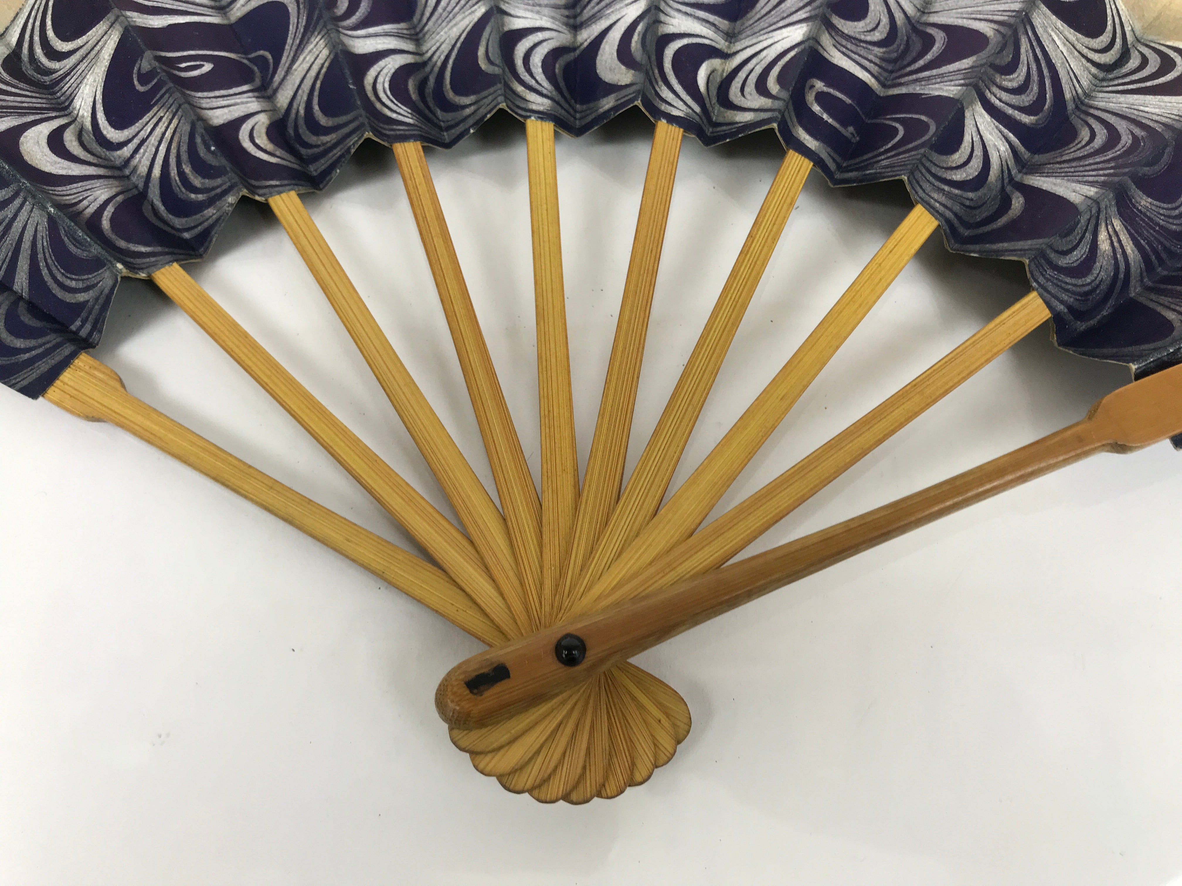 Japanese Paper Folding Fan Sensu Vtg Bamboo Frame Blue Kanzemizu Birds 4D923