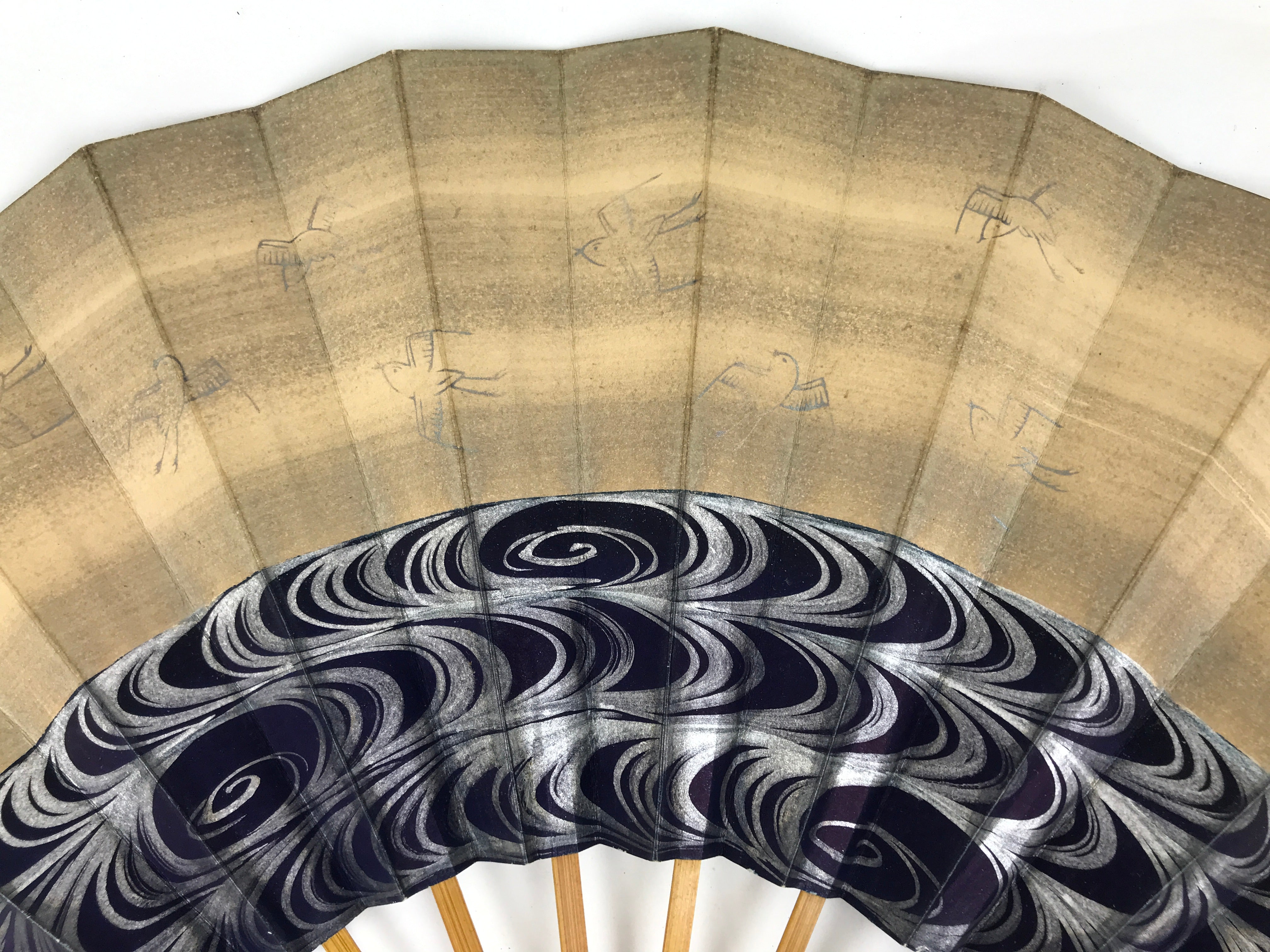 Japanese Paper Folding Fan Sensu Vtg Bamboo Frame Blue Kanzemizu Birds 4D923