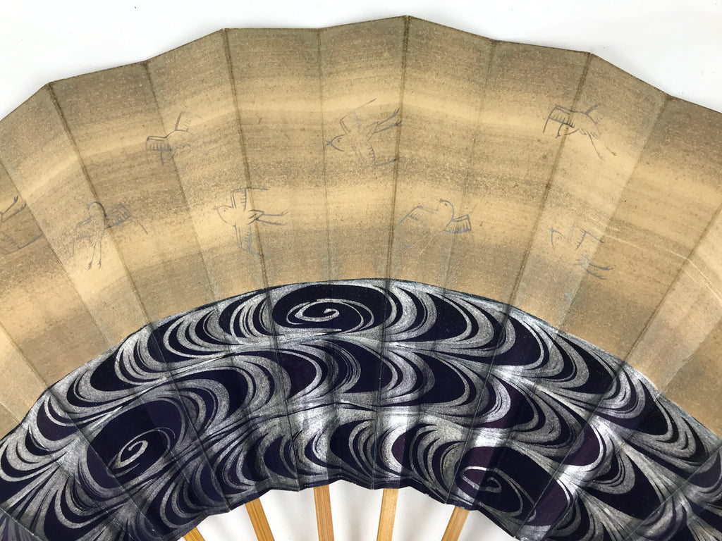 Japanese Paper Folding Fan Sensu Vtg Bamboo Frame Blue Kanzemizu Birds 4D923