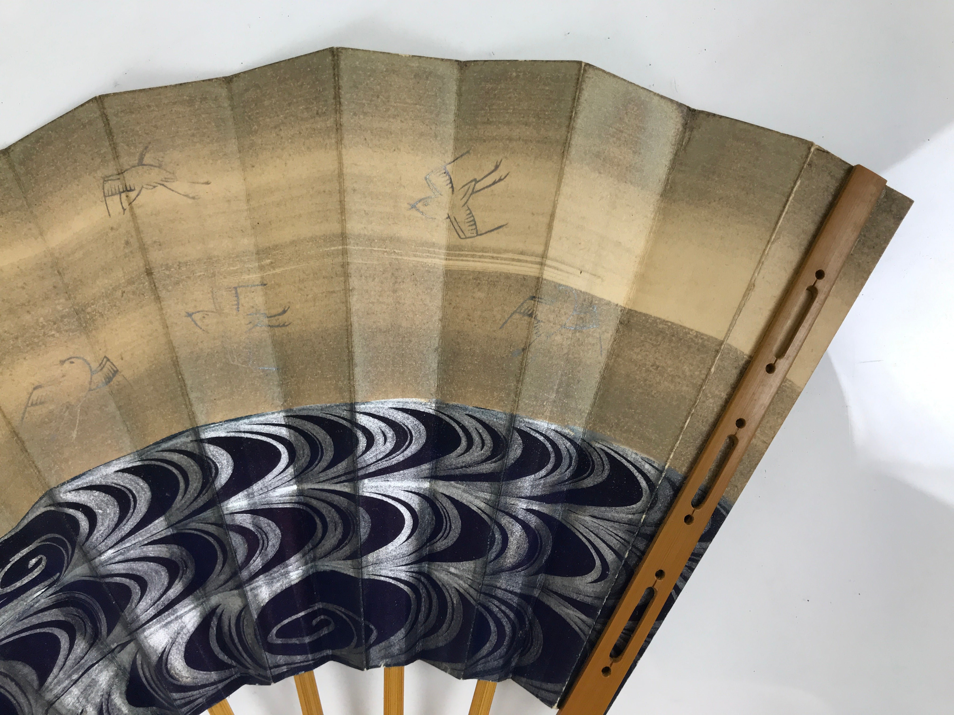 Japanese Paper Folding Fan Sensu Vtg Bamboo Frame Blue Kanzemizu Birds 4D923