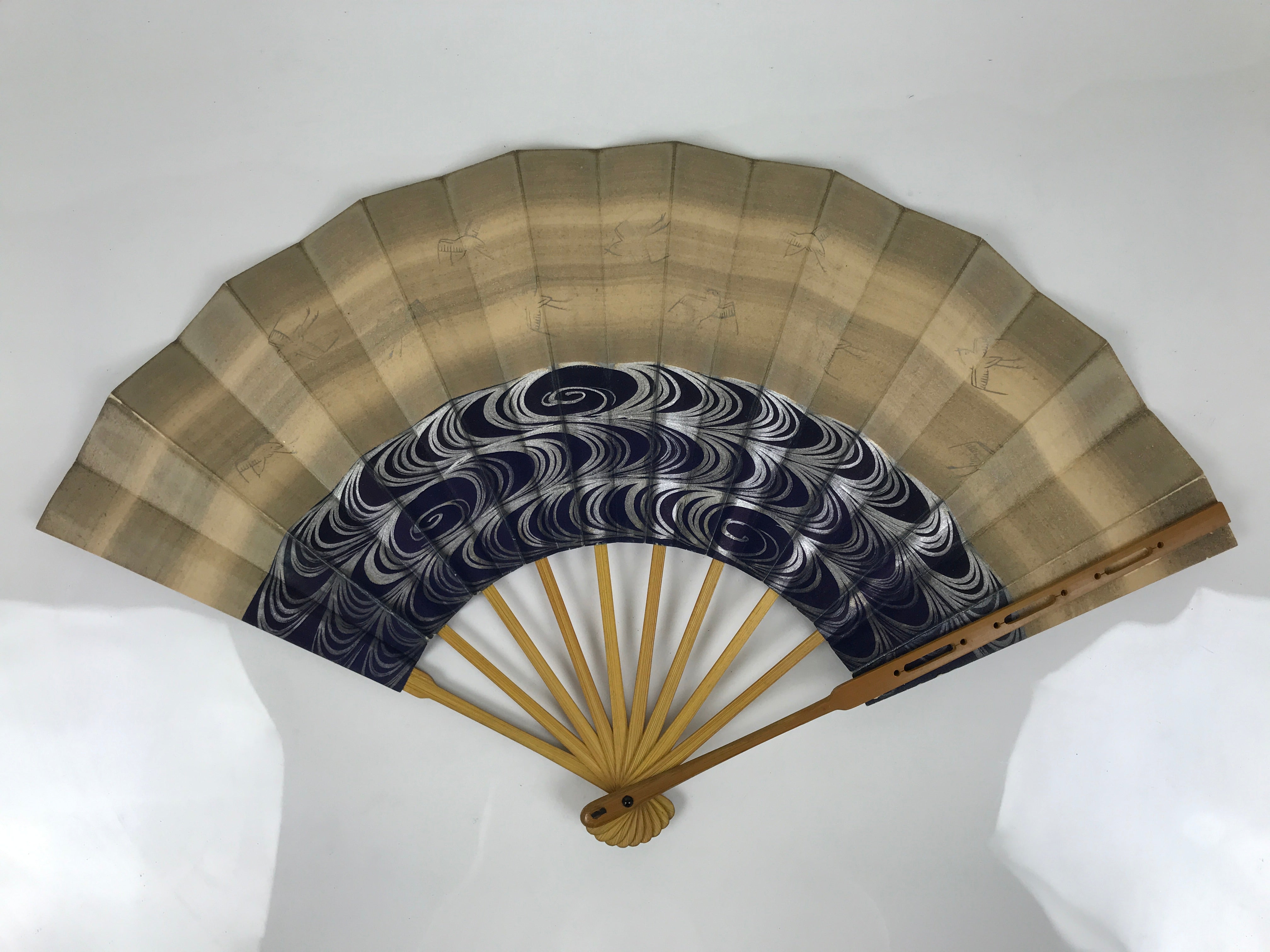Japanese Paper Folding Fan Sensu Vtg Bamboo Frame Blue Kanzemizu Birds 4D923