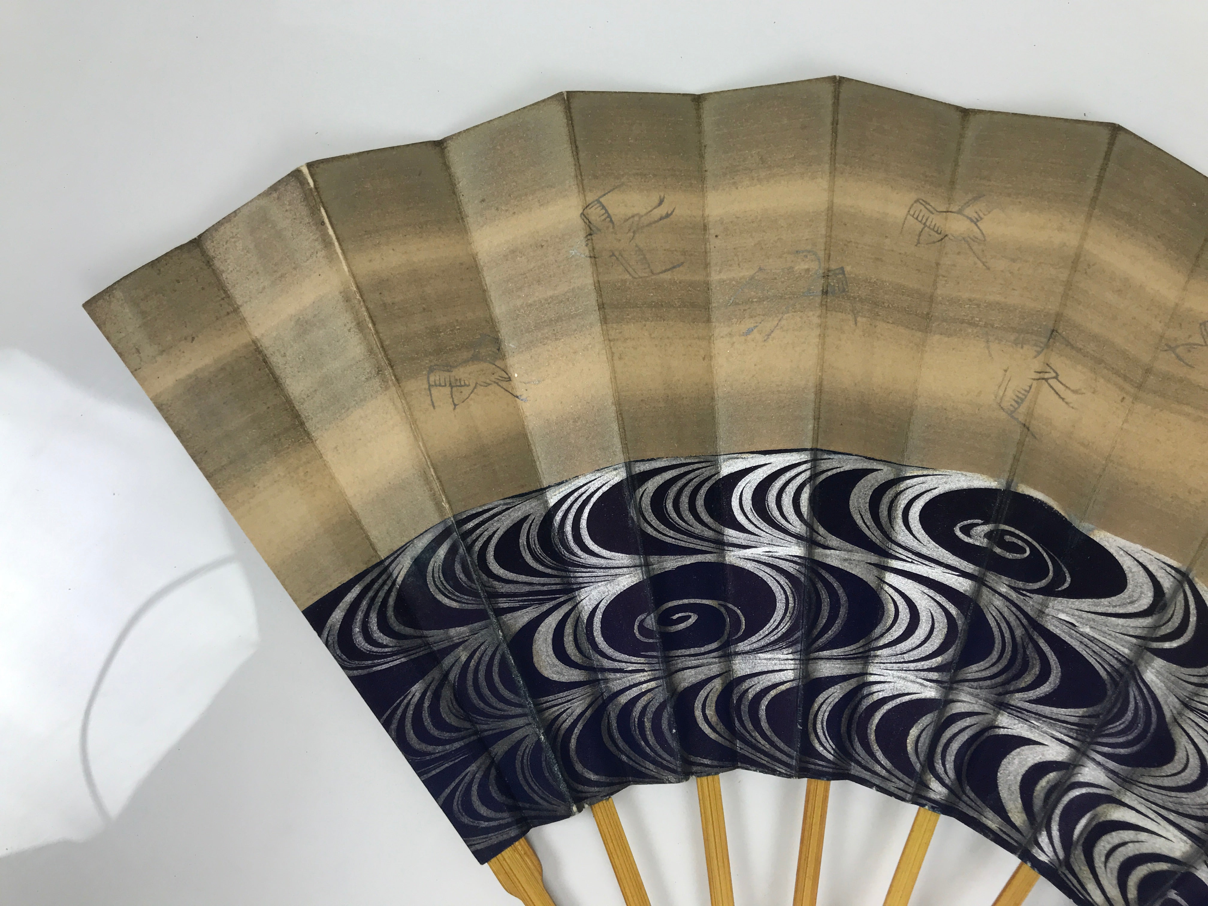 Japanese Paper Folding Fan Sensu Vtg Bamboo Frame Blue Kanzemizu Birds 4D923
