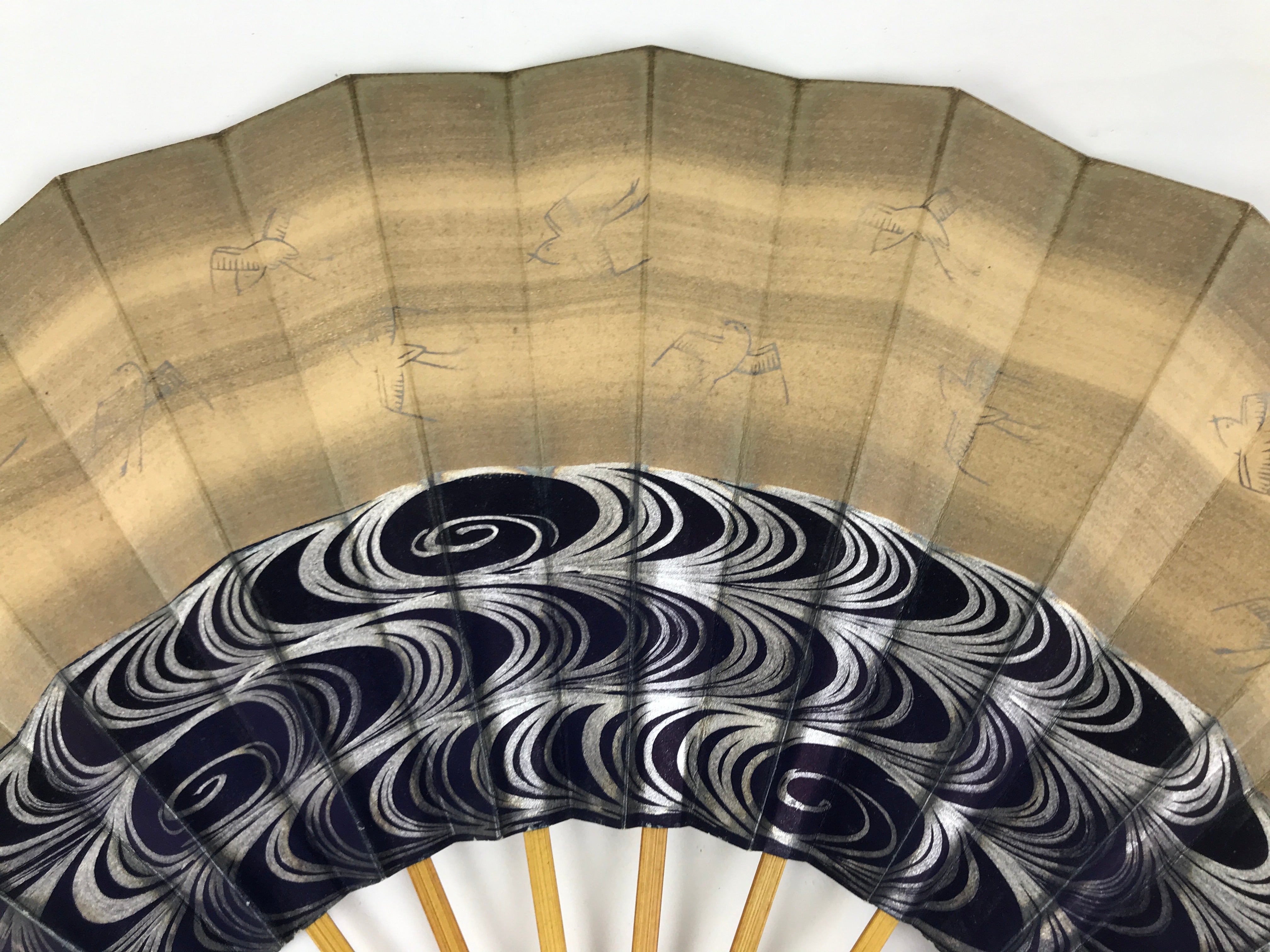 Japanese Paper Folding Fan Sensu Vtg Bamboo Frame Blue Kanzemizu Birds 4D923