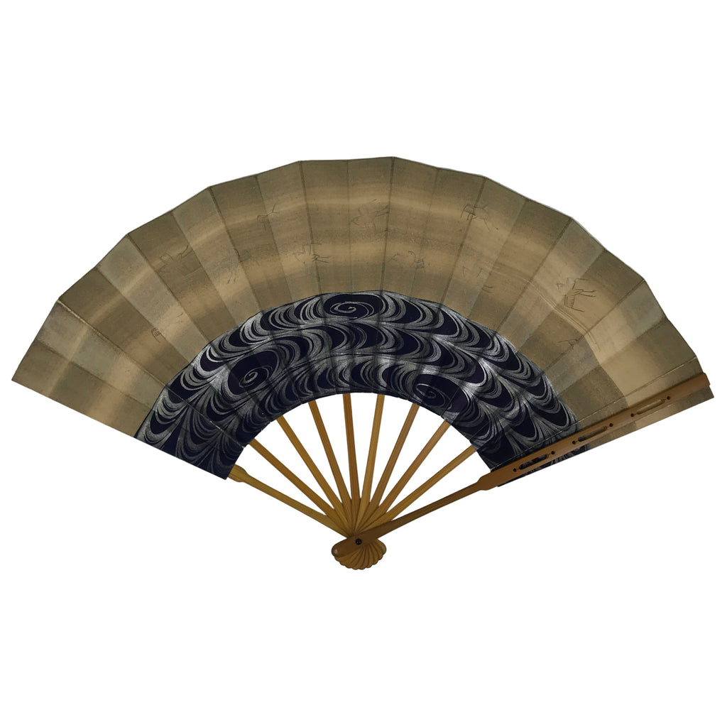 Japanese Paper Folding Fan Sensu Vtg Bamboo Frame Blue Kanzemizu Birds 4D923