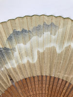 Japanese Paper Folding Fan Sensu Vtg Bamboo Frame Blue Mountains Brown 4D896