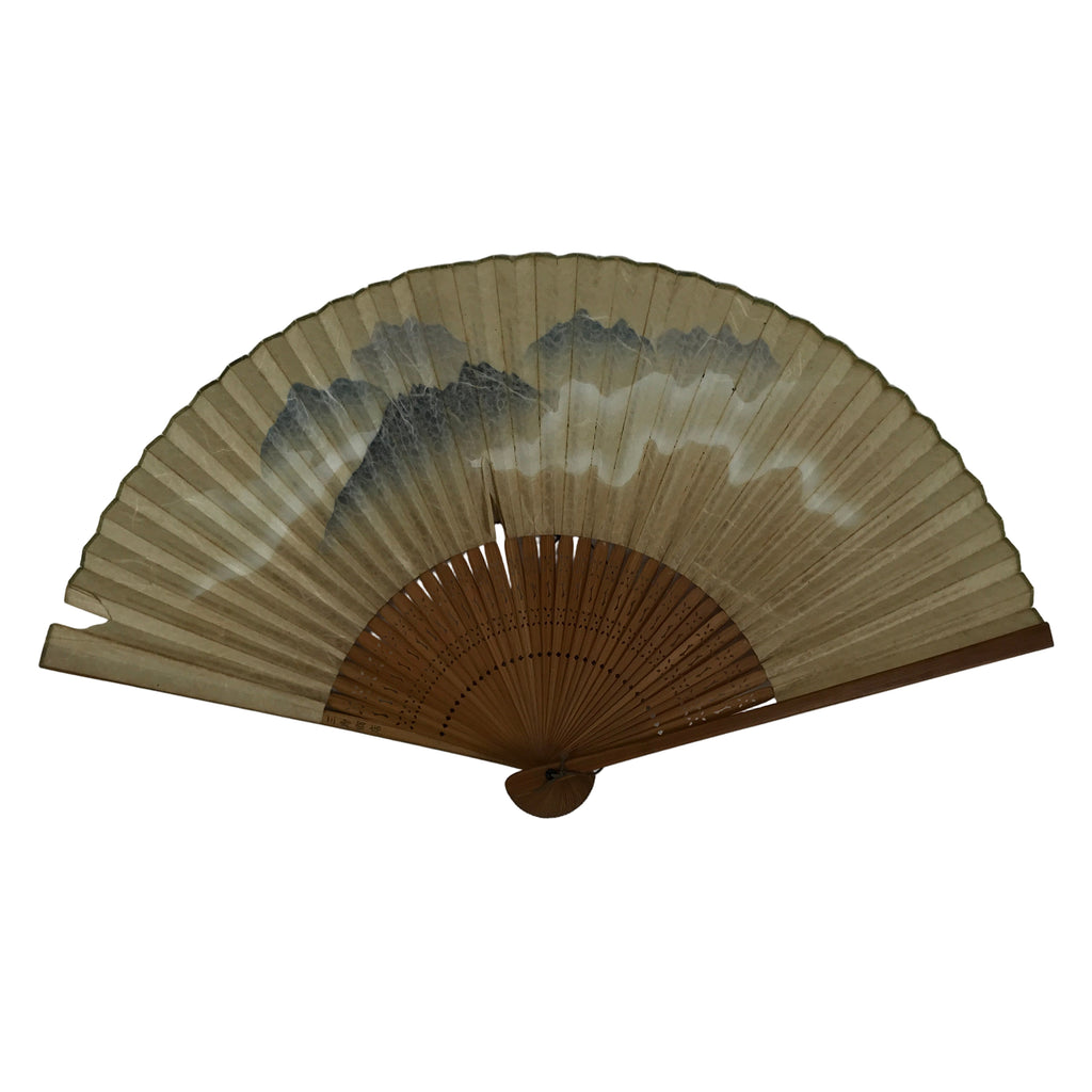 Japanese Paper Folding Fan Sensu Vtg Bamboo Frame Blue Mountains Brown 4D896