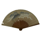 Japanese Paper Folding Fan Sensu Vtg Bamboo Frame Blue Mountains Brown 4D896