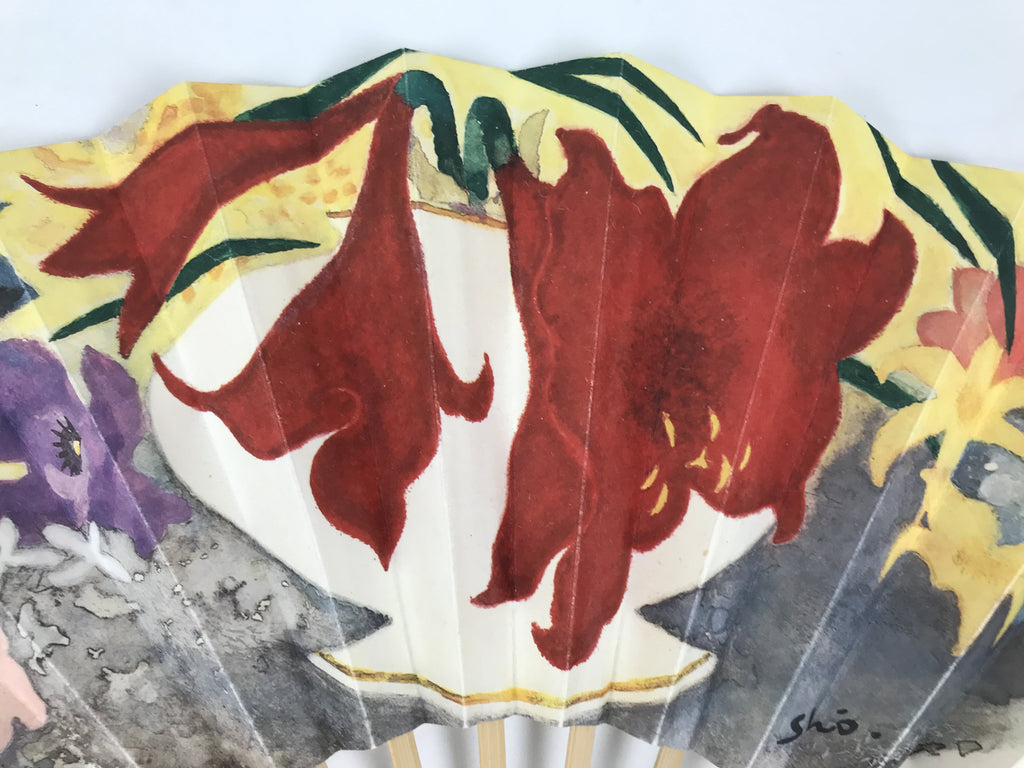 Japanese Paper Folding Fan Sensu Vtg Bamboo Frame Flowers Lilies Red 4D991