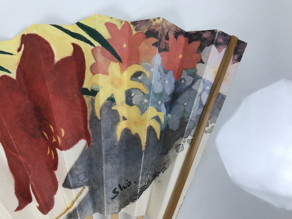 Japanese Paper Folding Fan Sensu Vtg Bamboo Frame Flowers Lilies Red 4D991