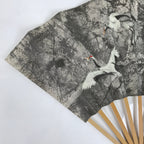 Japanese Paper Folding Fan Sensu Vtg Bamboo Frame Flying Cranes Gray 4D875