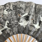 Japanese Paper Folding Fan Sensu Vtg Bamboo Frame Flying Cranes Gray 4D875