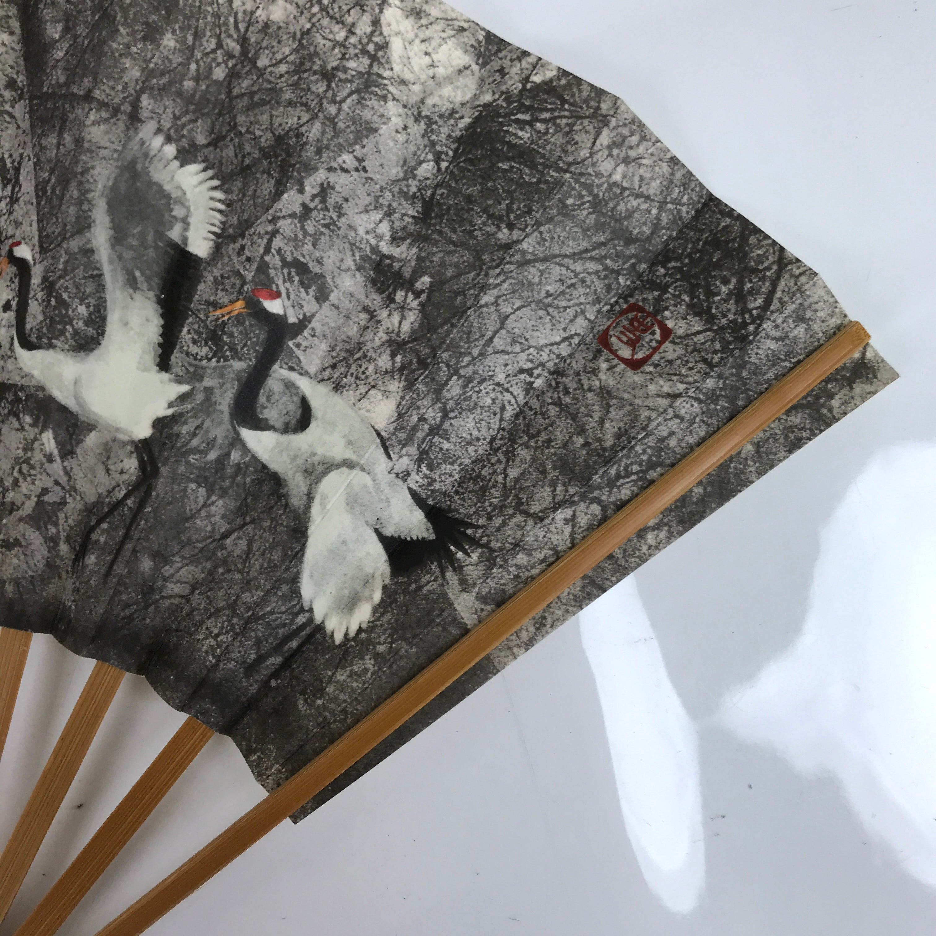 Japanese Paper Folding Fan Sensu Vtg Bamboo Frame Flying Cranes Gray 4D875
