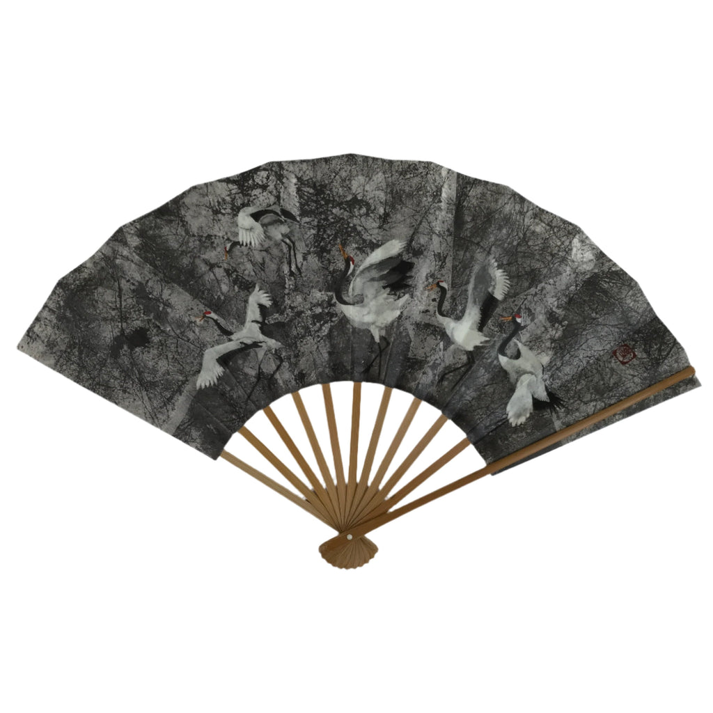 Japanese Paper Folding Fan Sensu Vtg Bamboo Frame Flying Cranes Gray 4D875