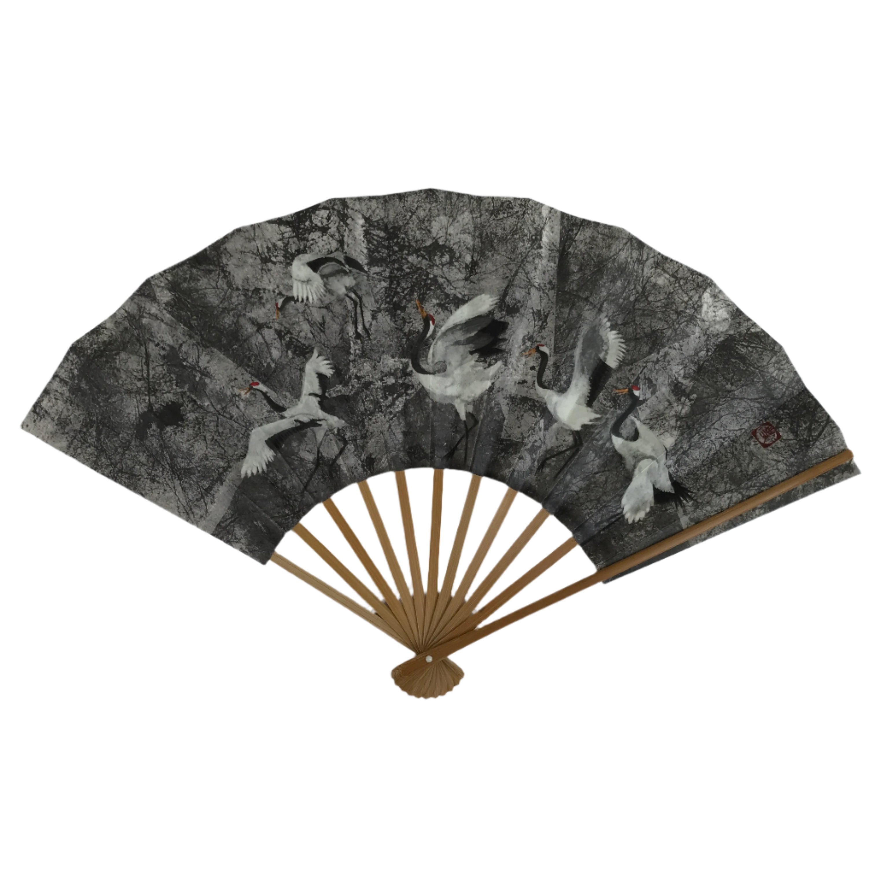 Japanese Paper Folding Fan Sensu Vtg Bamboo Frame Flying Cranes Gray 4D875