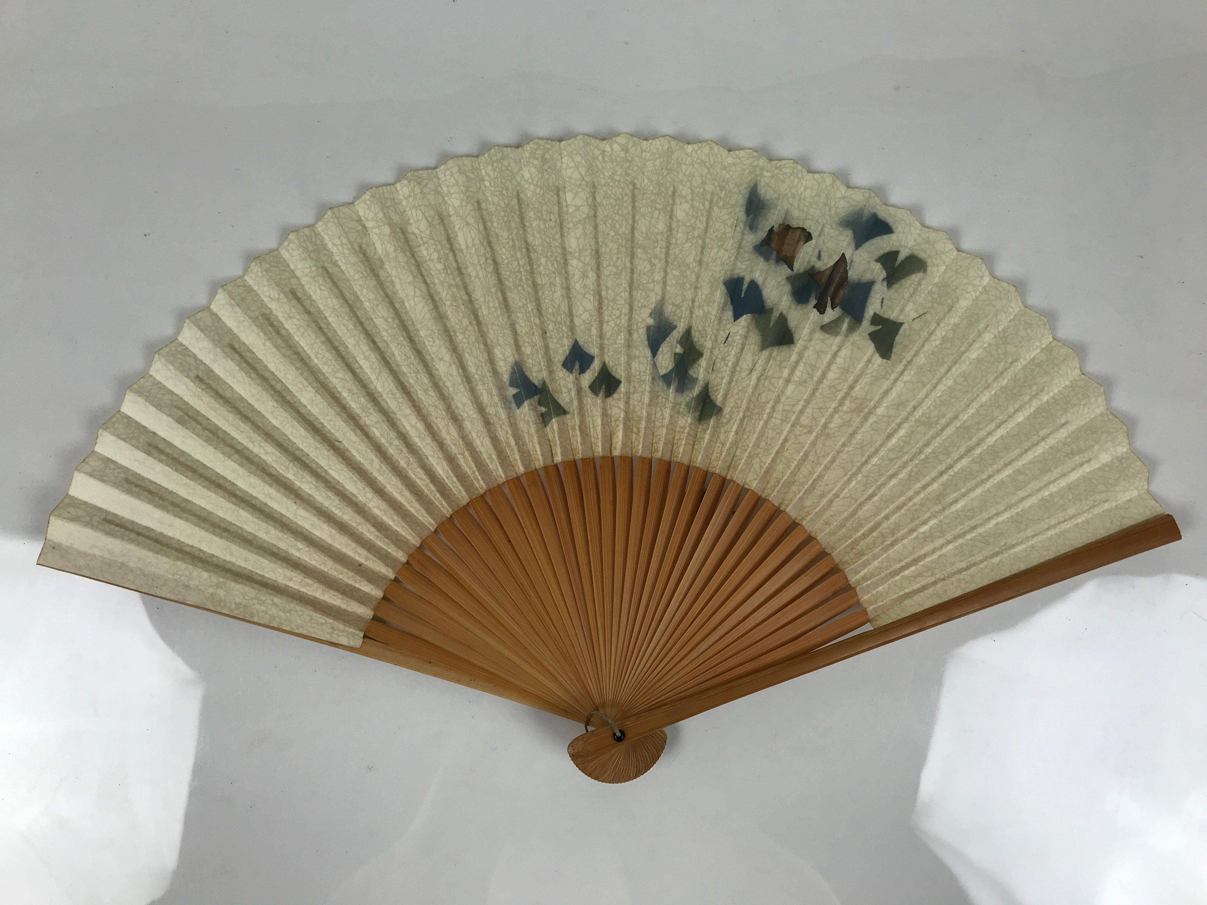 Japanese Paper Folding Fan Sensu Vtg Bamboo Frame Ginkgo Leaves Blue Green 4D915