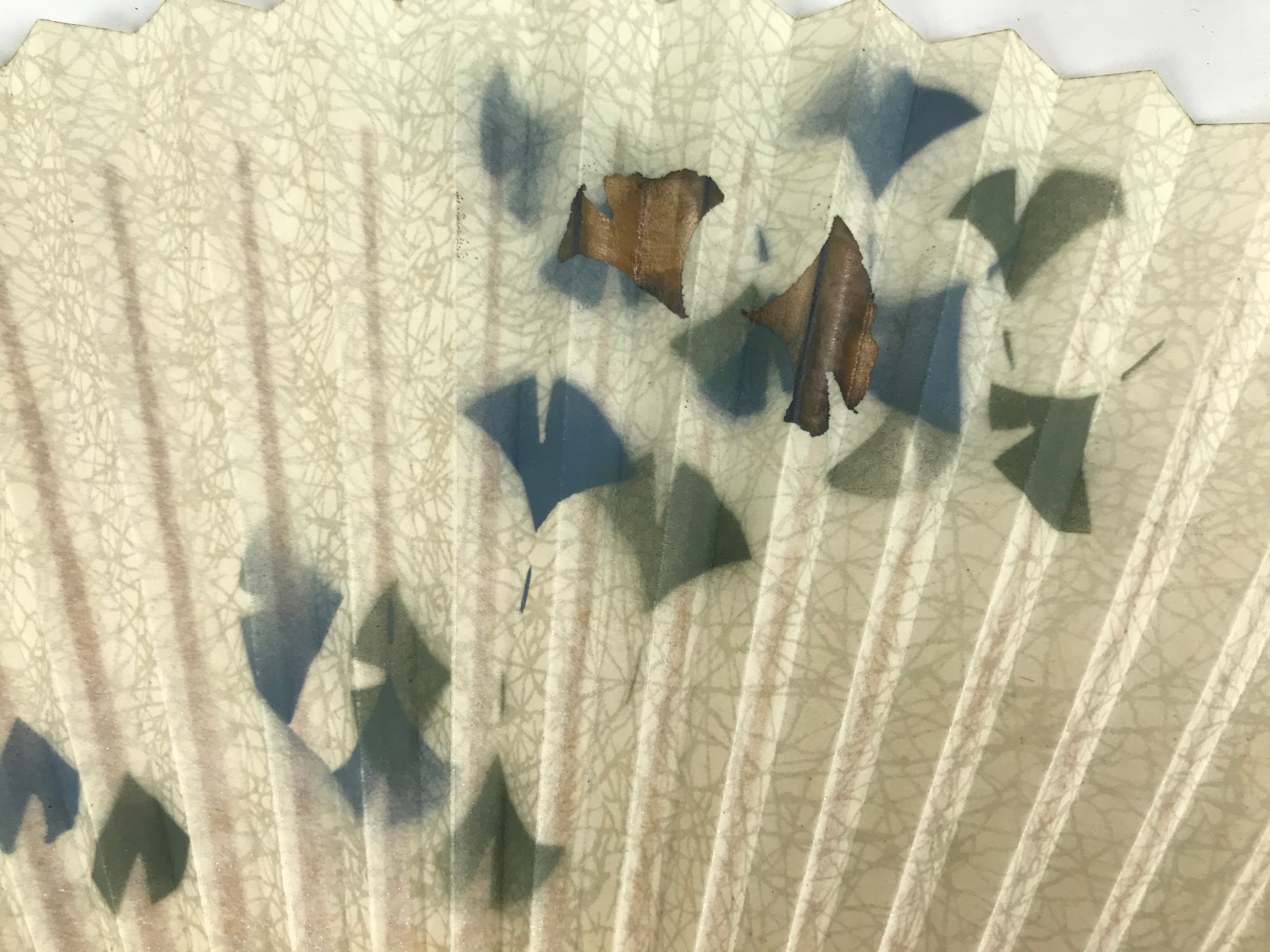 Japanese Paper Folding Fan Sensu Vtg Bamboo Frame Ginkgo Leaves Blue Green 4D915
