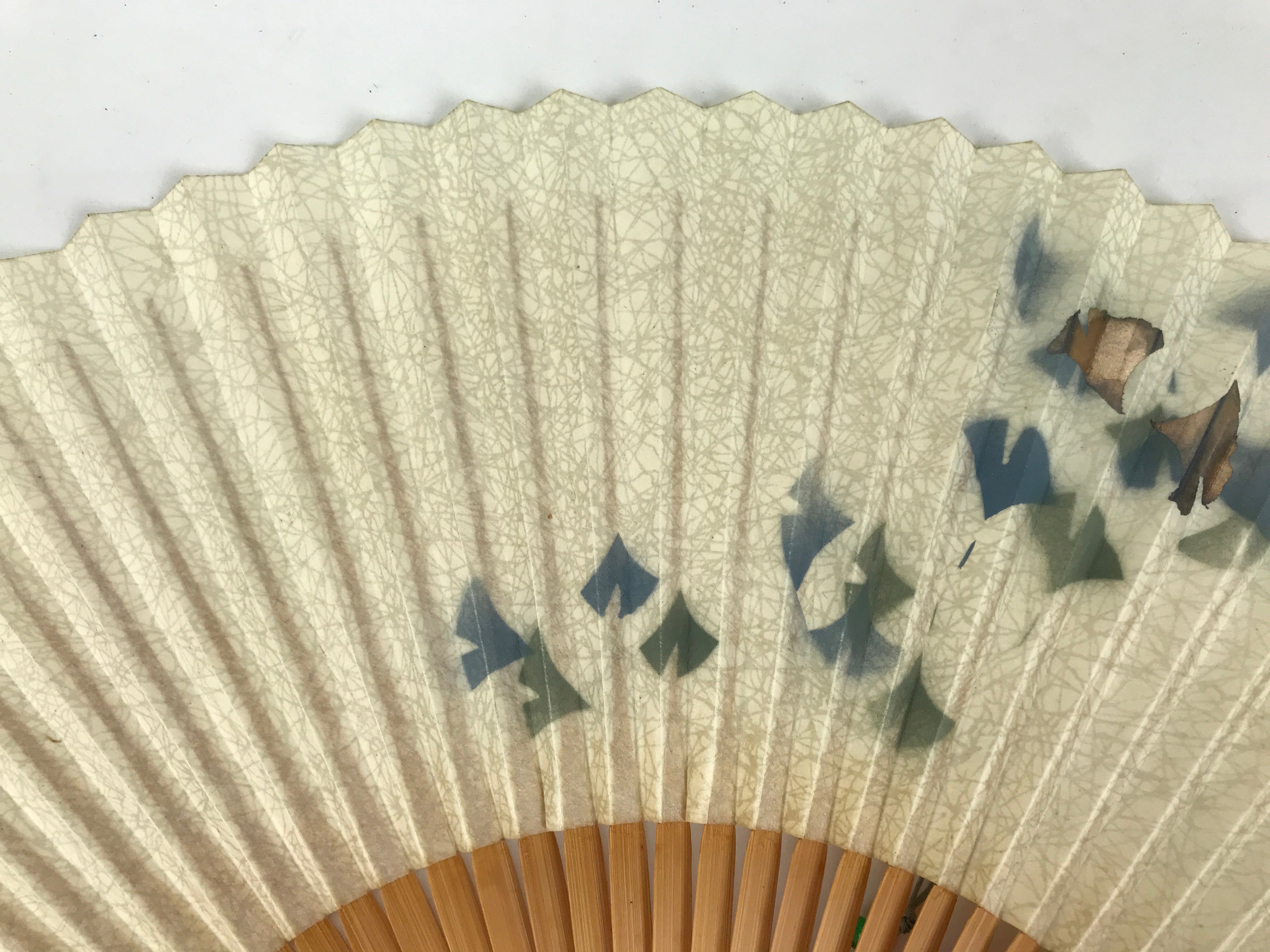 Japanese Paper Folding Fan Sensu Vtg Bamboo Frame Ginkgo Leaves Blue Green 4D915