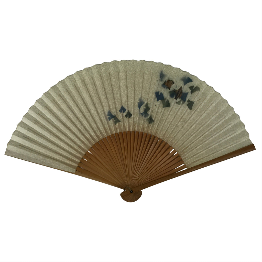 Japanese Paper Folding Fan Sensu Vtg Bamboo Frame Ginkgo Leaves Blue Green 4D915