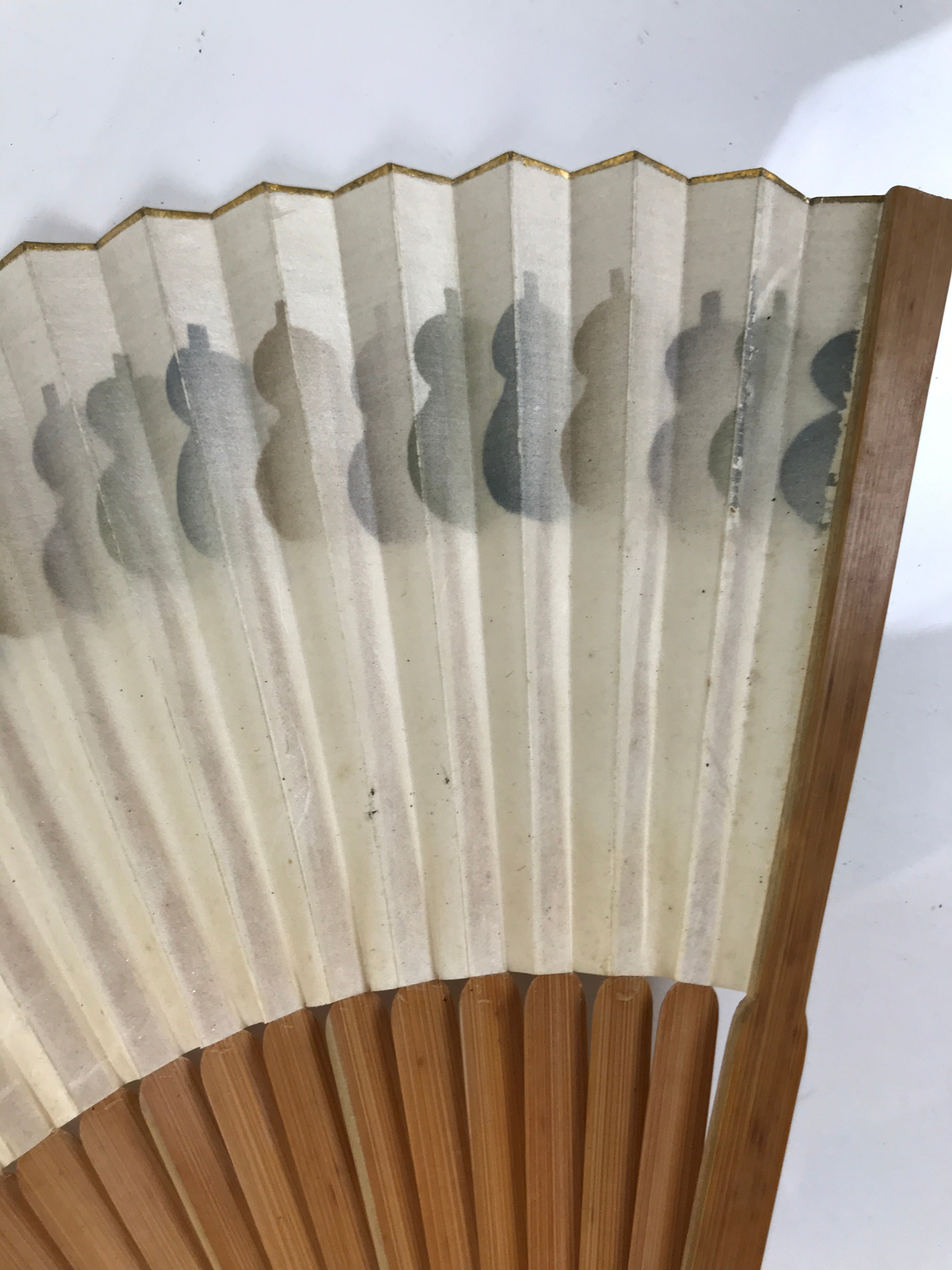 Japanese Paper Folding Fan Sensu Vtg Bamboo Frame Hyotan Gourd Pattern 4D904