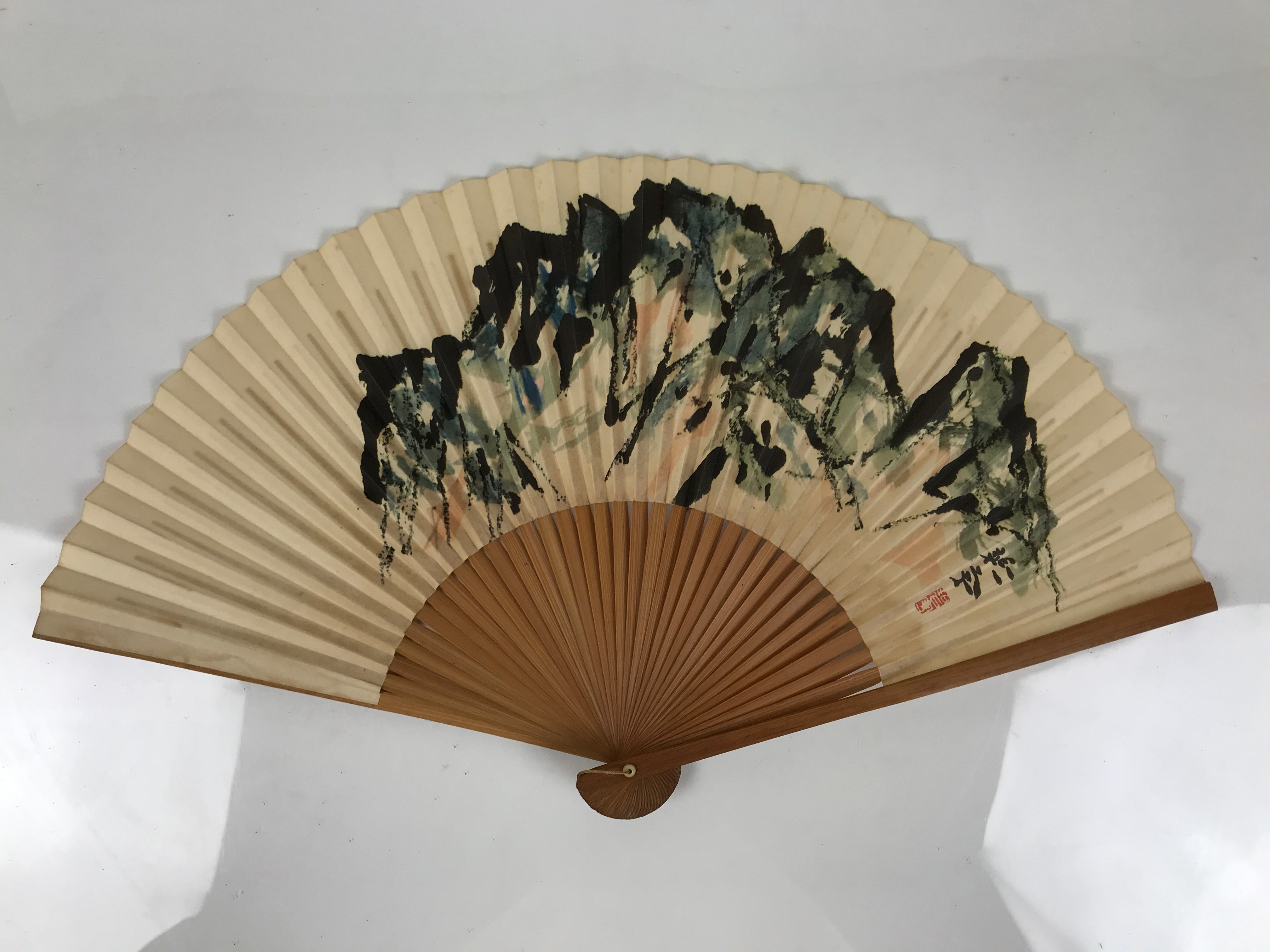 Japanese Paper Folding Fan Sensu Vtg Bamboo Frame Mountain Painting Print 4D914