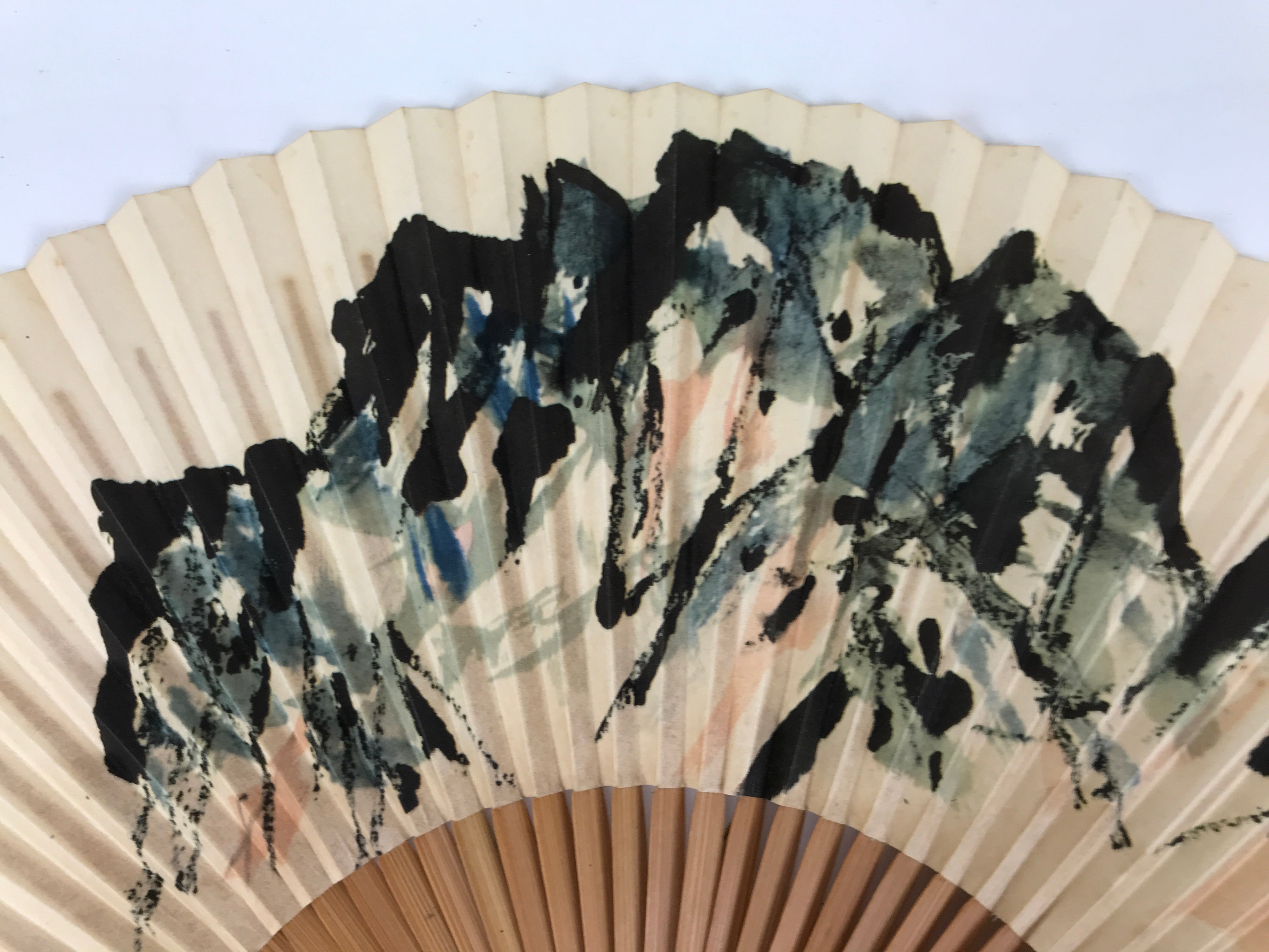 Japanese Paper Folding Fan Sensu Vtg Bamboo Frame Mountain Painting Print 4D914