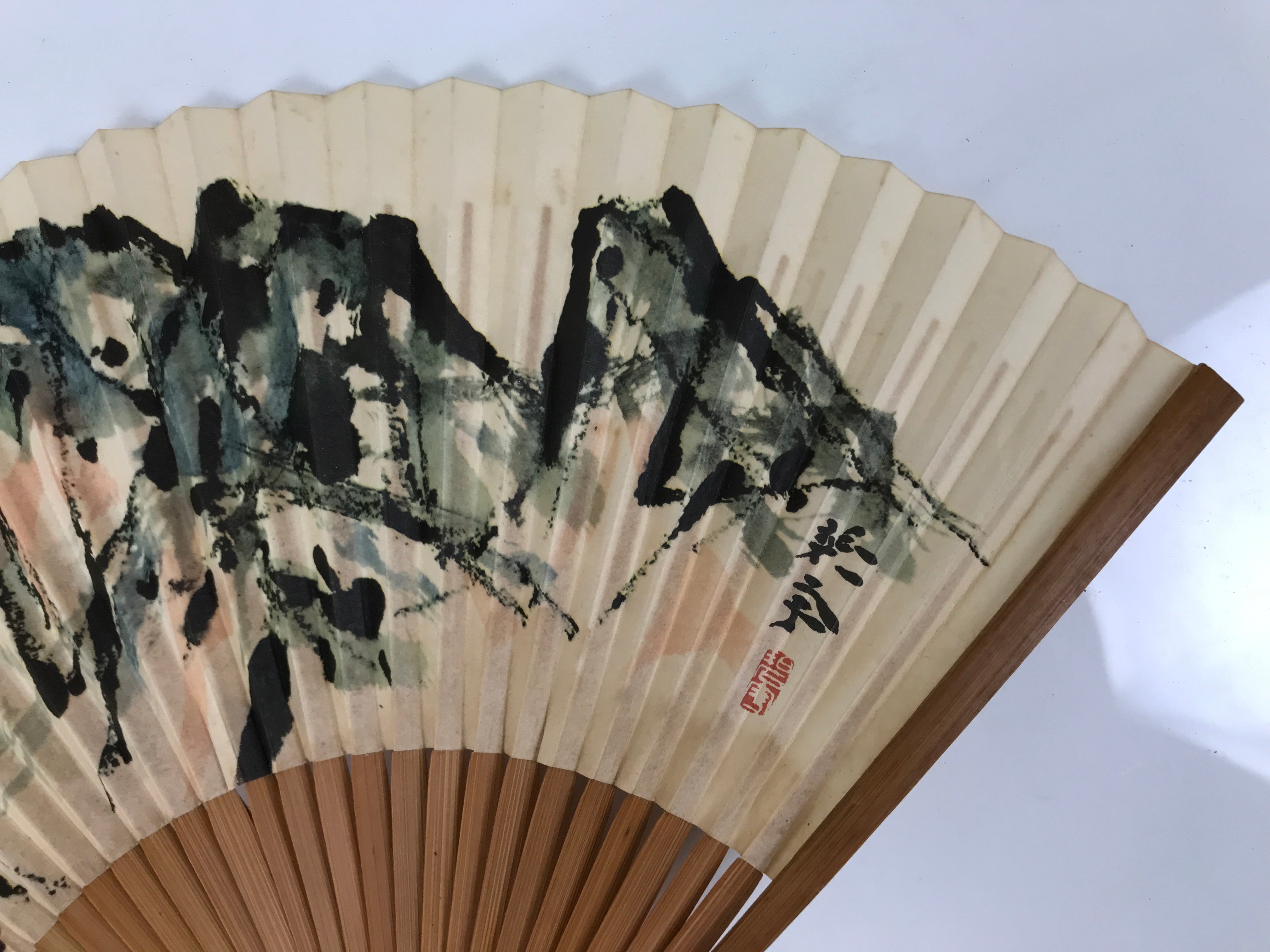 Japanese Paper Folding Fan Sensu Vtg Bamboo Frame Mountain Painting Print 4D914