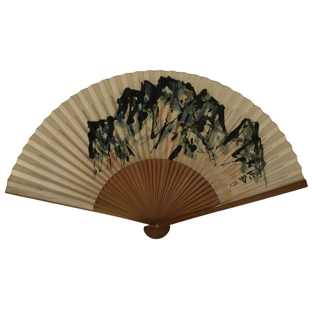 Japanese Paper Folding Fan Sensu Vtg Bamboo Frame Mountain Painting Print 4D914
