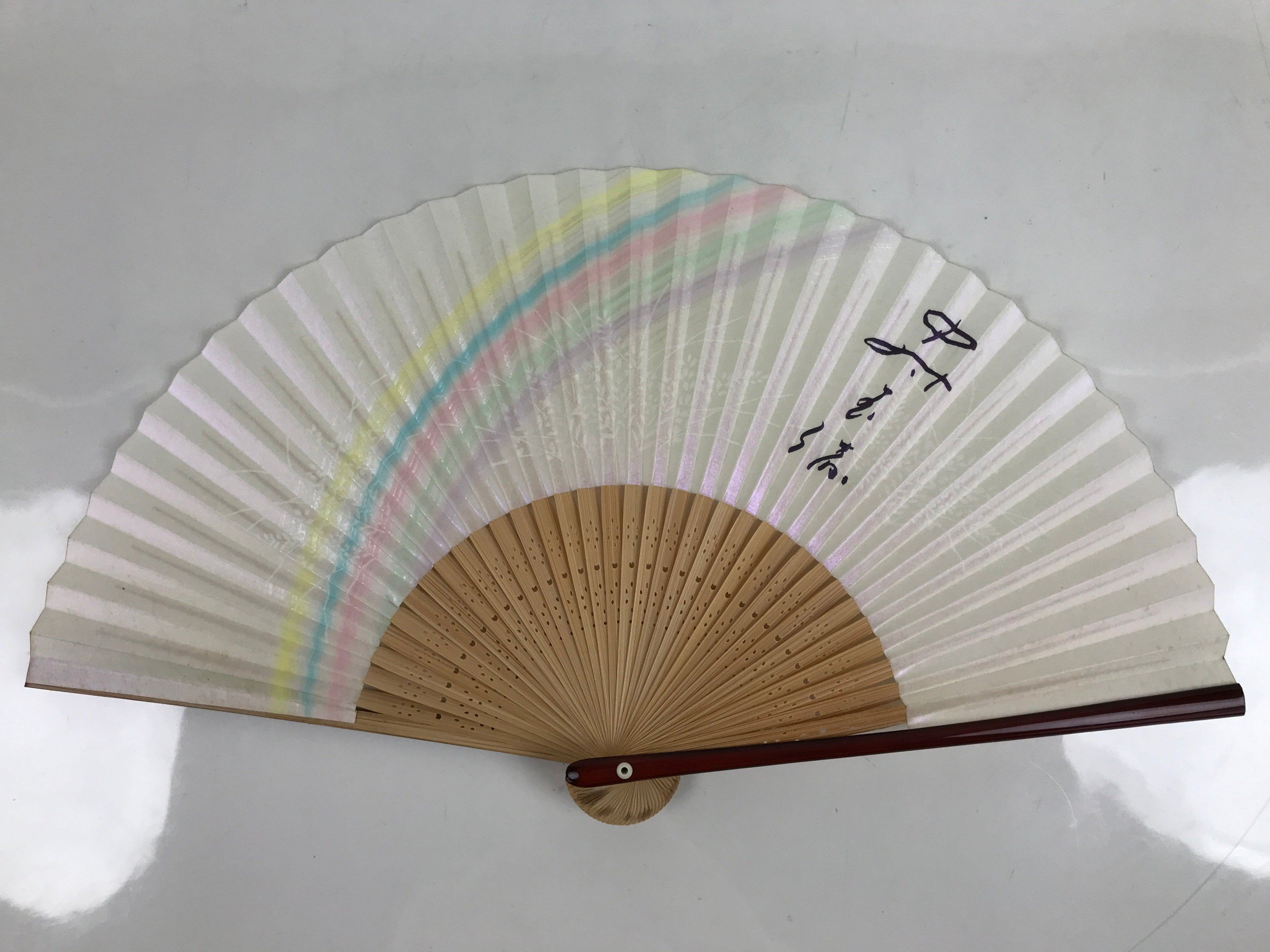 Japanese Paper Folding Fan Sensu Vtg Bamboo Frame Pastel Rainbow Lustre 4D878