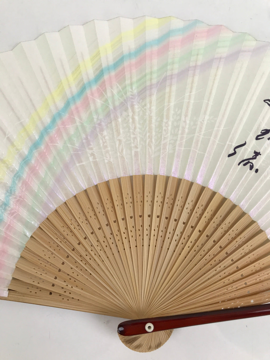 Japanese Paper Folding Fan Sensu Vtg Bamboo Frame Pastel Rainbow Lustre 4D878
