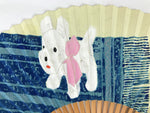 Japanese Paper Folding Fan Sensu Vtg Bamboo Frame Puppy Dog Color Pink 4D935