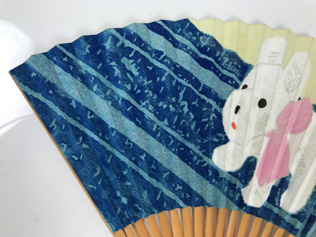 Japanese Paper Folding Fan Sensu Vtg Bamboo Frame Puppy Dog Color Pink 4D935