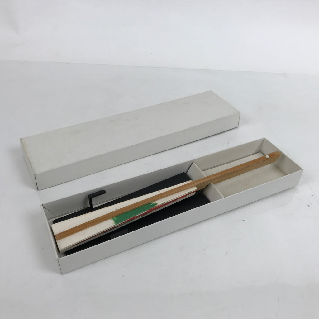 Japanese Paper Folding Fan Sensu Vtg Bamboo Frame Red Flower W/ Stand Box 4D867
