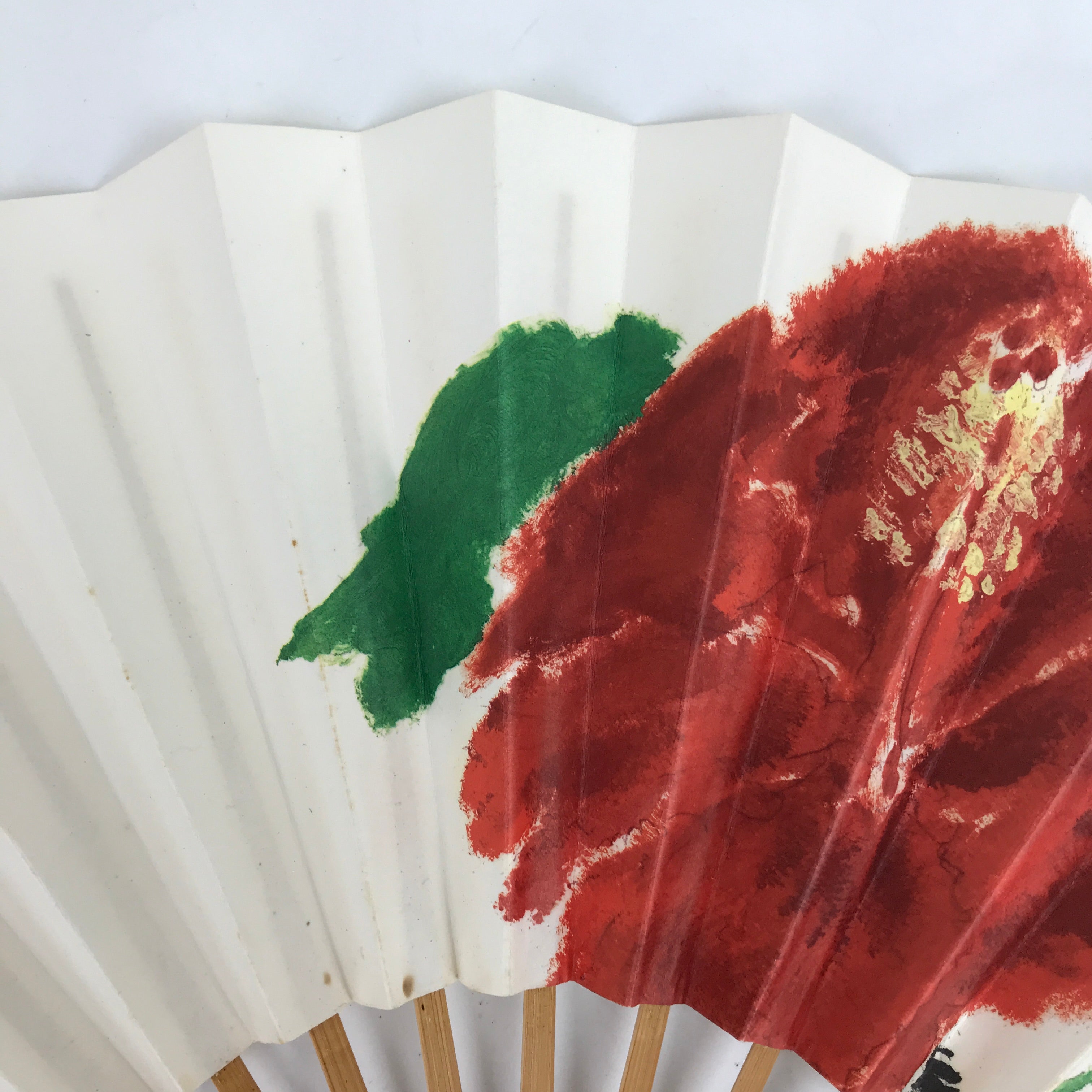 Japanese Paper Folding Fan Sensu Vtg Bamboo Frame Red Flower W/ Stand Box 4D867