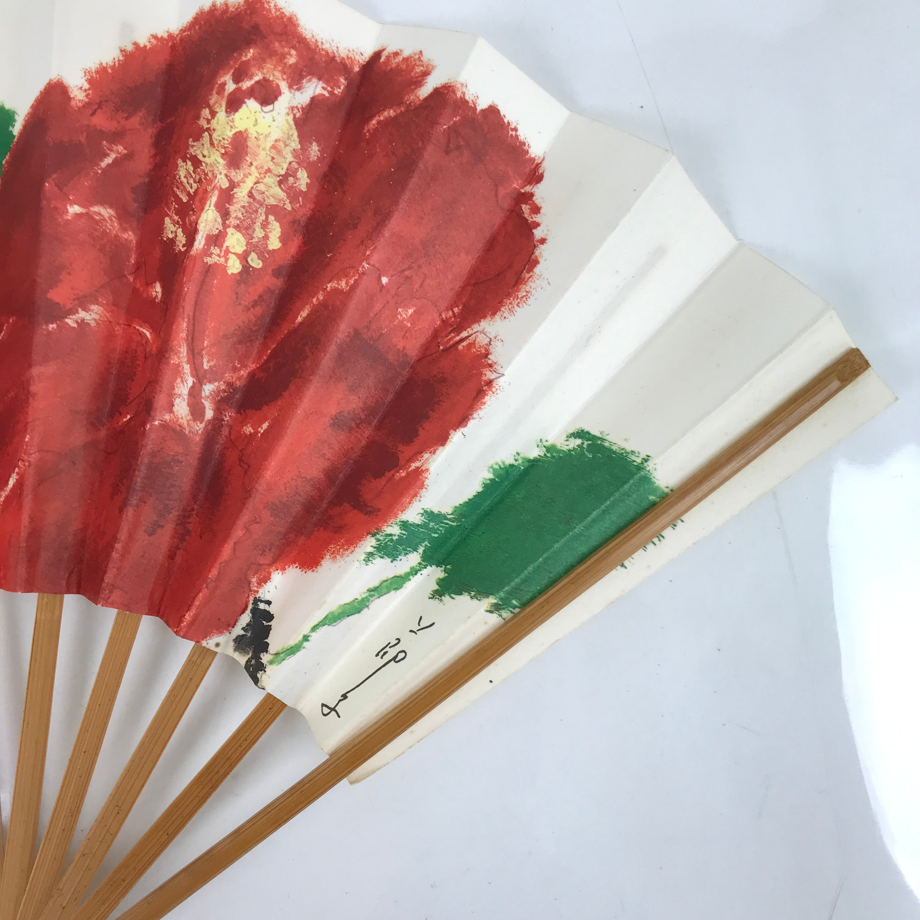 Japanese Paper Folding Fan Sensu Vtg Bamboo Frame Red Flower W/ Stand Box 4D867