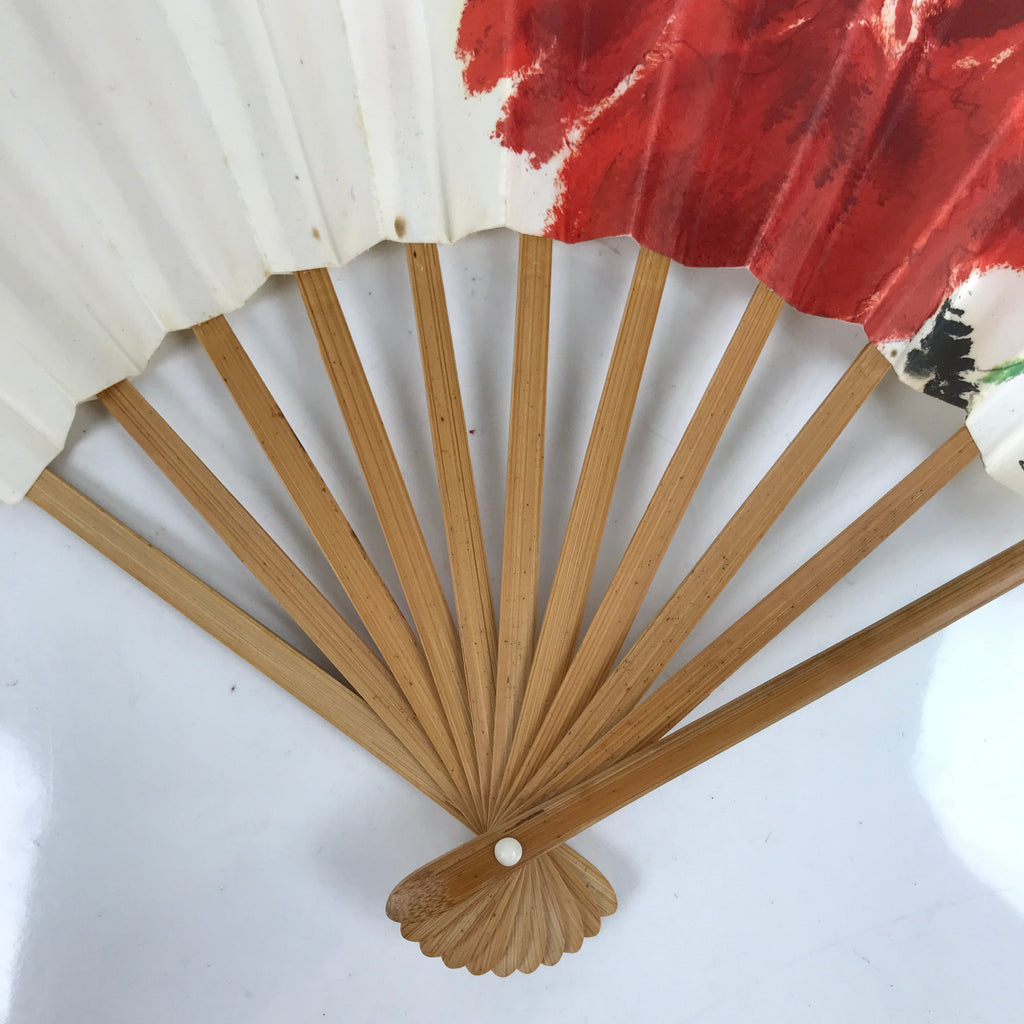 Japanese Paper Folding Fan Sensu Vtg Bamboo Frame Red Flower W/ Stand Box 4D867