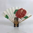 Japanese Paper Folding Fan Sensu Vtg Bamboo Frame Red Flower W/ Stand Box 4D867